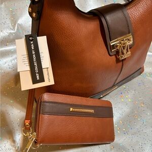 BRAND NEW 2 pc MKF Carmel Brown & Brown vegan Leather Tote & Wallet Set